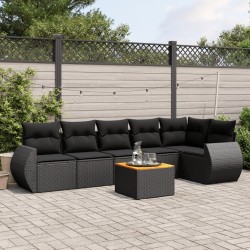 Salon de jardin 7 pcs avec coussins noir résine tressée 