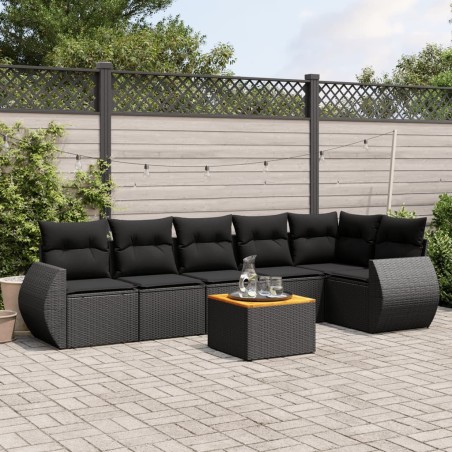 Salon de jardin 7 pcs avec coussins noir résine tressée 