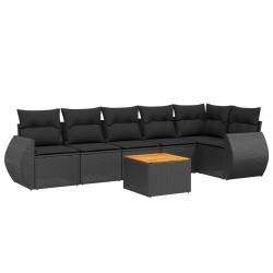 Salon de jardin 7 pcs avec coussins noir résine tressée 