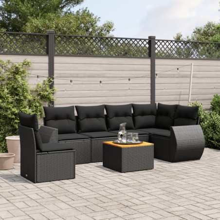 Salon de jardin 7 pcs avec coussins noir résine tressée 