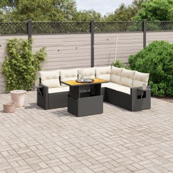 Salon de jardin 7 pcs avec coussins noir résine tressée 