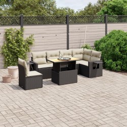 Salon de jardin 7 pcs avec coussins noir résine tressée 