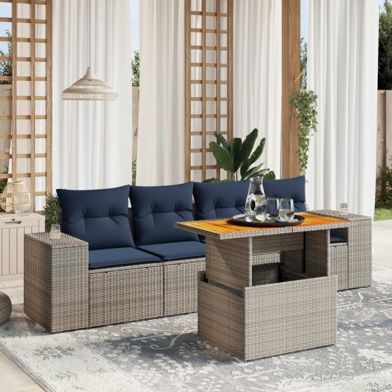 Salon de jardin 5 pcs avec coussins gris résine tressée 