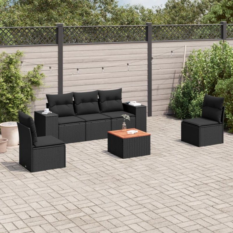 Salon de jardin 6 pcs avec coussins noir résine tressée 