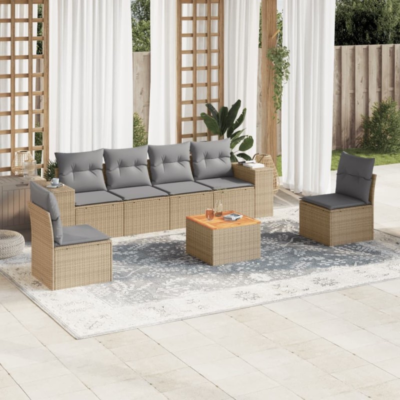 Salon de jardin avec coussins 7 pcs beige résine tressée 