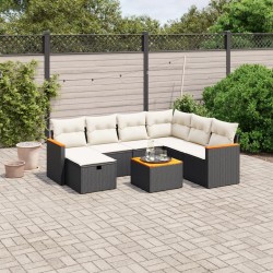 Salon de jardin 8 pcs avec coussins noir résine tressée 