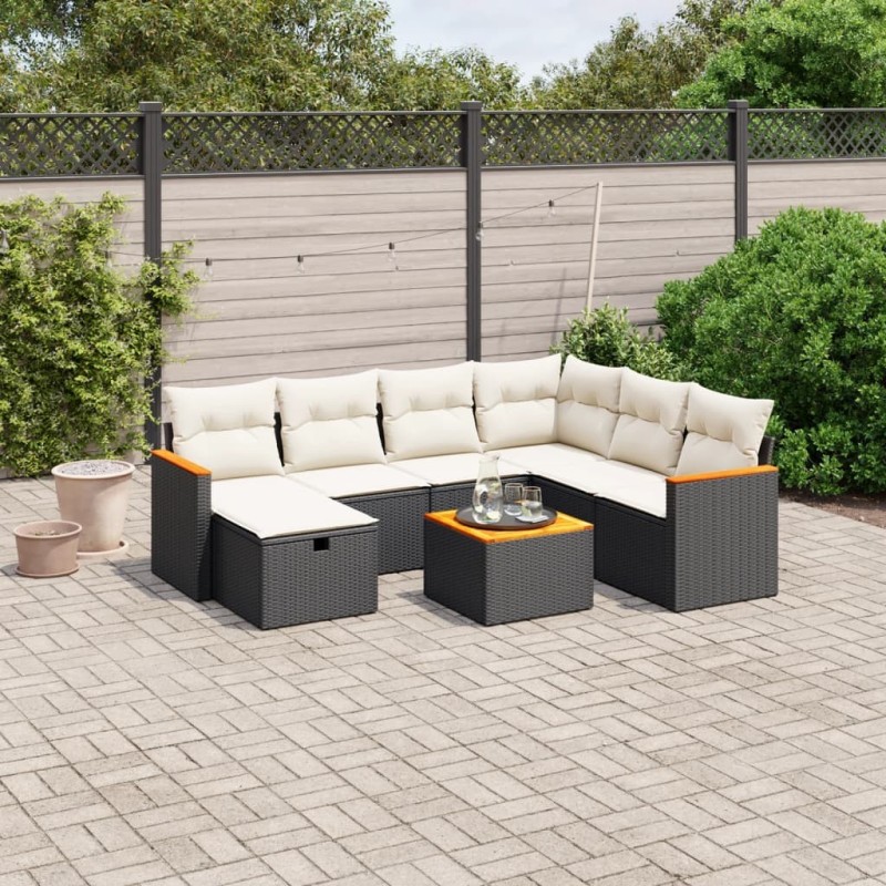 Salon de jardin 8 pcs avec coussins noir résine tressée 