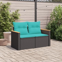Canapé de jardin avec coussins 2 places en résine tressée noire 