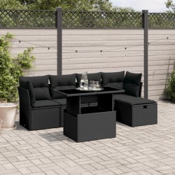 Salon de jardin 6 pcs avec coussins noir résine tressée 