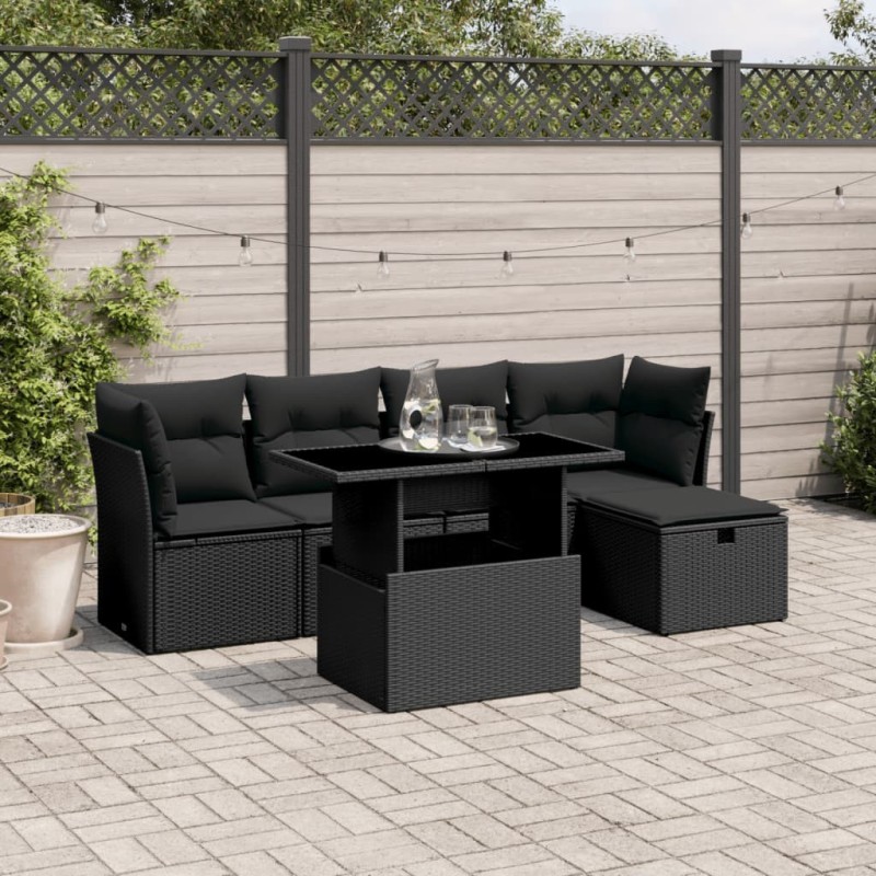 Salon de jardin 6 pcs avec coussins noir résine tressée 
