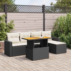 Salon de jardin 6 pcs avec coussins noir résine tressée 