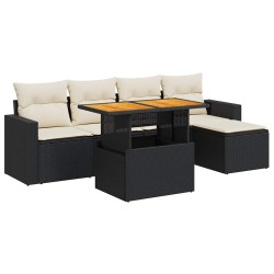 Salon de jardin 6 pcs avec coussins noir résine tressée 