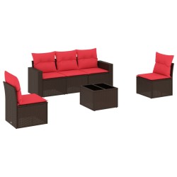 Salon de jardin 6 pcs avec coussins marron résine tressée 