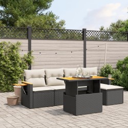 Salon de jardin 6 pcs avec coussins noir résine tressée 