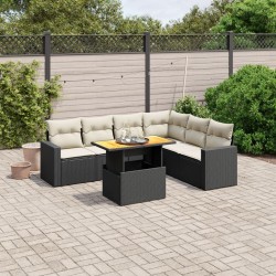 Salon de jardin 7 pcs avec coussins noir résine tressée 
