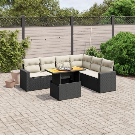 Salon de jardin 7 pcs avec coussins noir résine tressée 