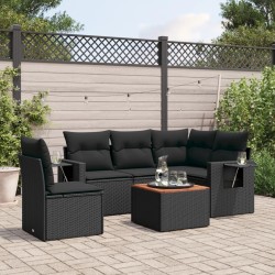 Salon de jardin 6 pcs avec coussins noir résine tressée 