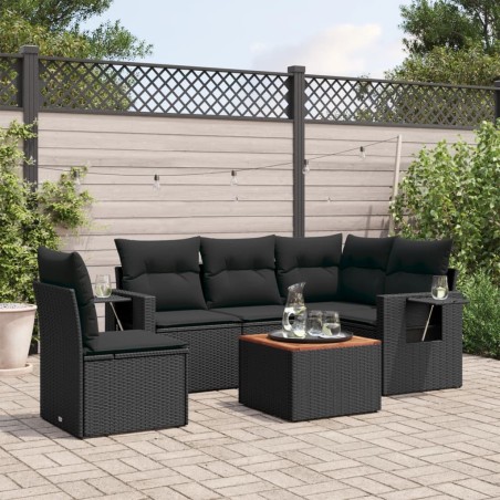 Salon de jardin 6 pcs avec coussins noir résine tressée 
