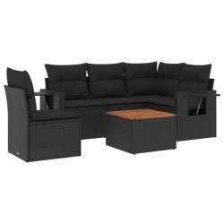 Salon de jardin 6 pcs avec coussins noir résine tressée 