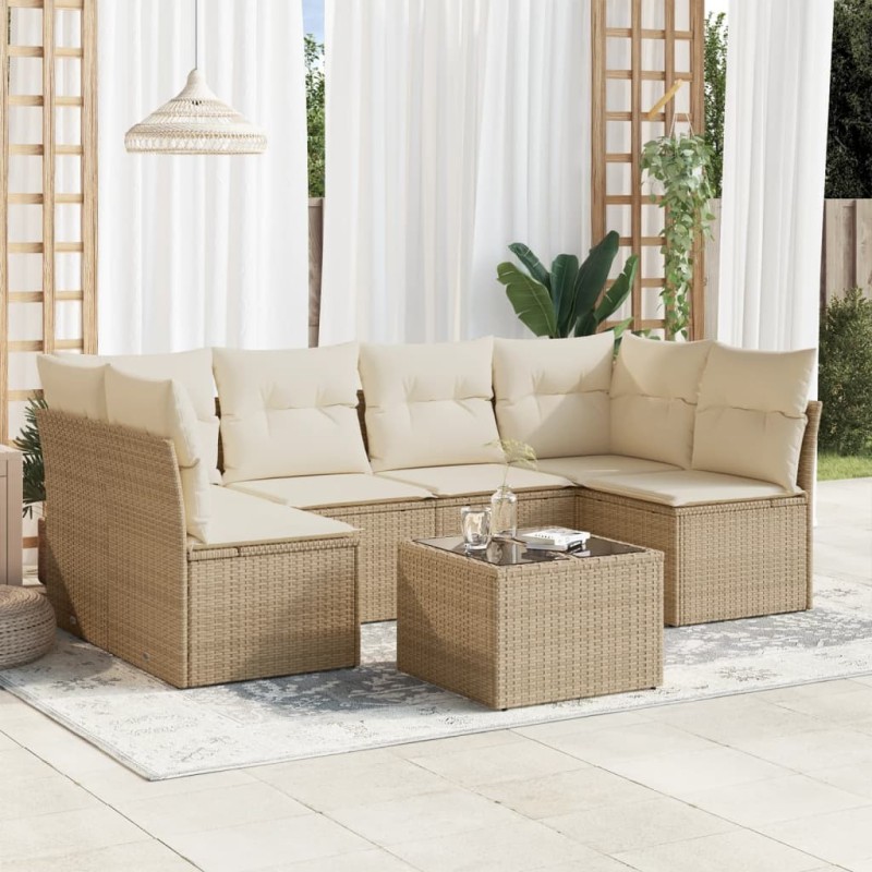 Salon de jardin avec coussins 7 pcs beige résine tressée 