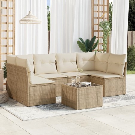 Salon de jardin avec coussins 7 pcs beige résine tressée 