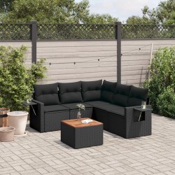 Salon de jardin 6 pcs avec coussins noir résine tressée 