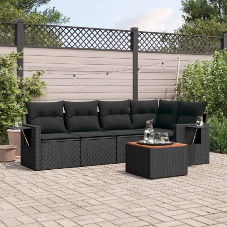 Salon de jardin 6 pcs avec coussins noir résine tressée 