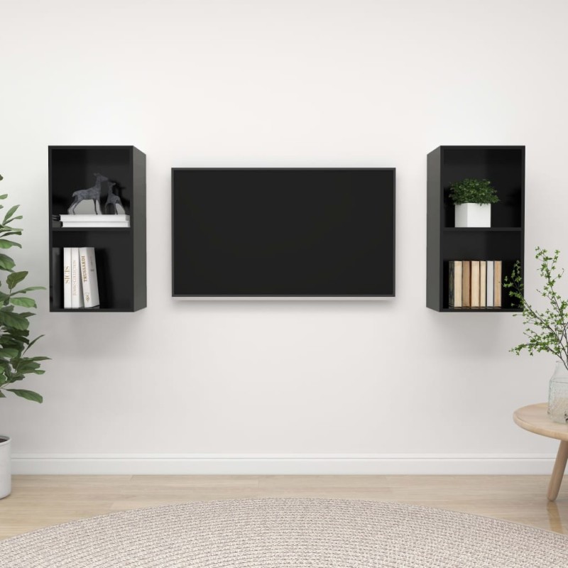 Meubles TV muraux 2 pcs Noir brillant Bois d'ingénierie Meubles TV muraux 2 pcs Noir brillant Bois d'ingénierie