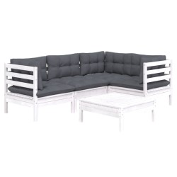 Salon de jardin 5 pcs avec coussins blanc bois de pin 
