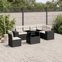 Salon de jardin 7 pcs avec coussins noir résine tressée 