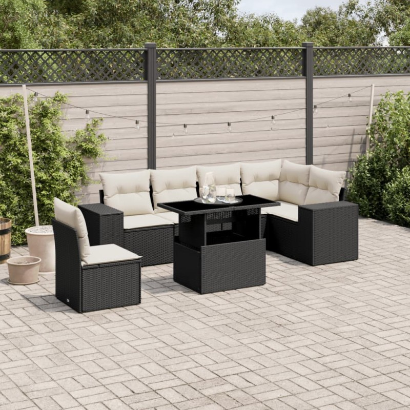 Salon de jardin 7 pcs avec coussins noir résine tressée 