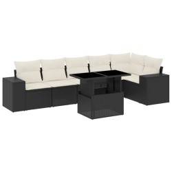 Salon de jardin 7 pcs avec coussins noir résine tressée 