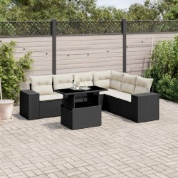 Salon de jardin 7 pcs avec coussins noir résine tressée 