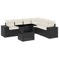 Salon de jardin 7 pcs avec coussins noir résine tressée 