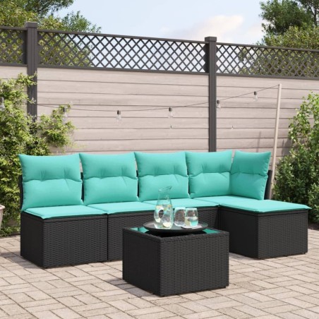 Salon de jardin 6 pcs avec coussins noir résine tressée 