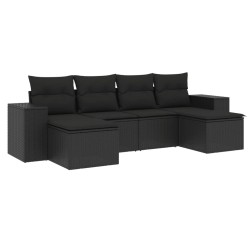 Salon de jardin 6 pcs avec coussins noir résine tressée 