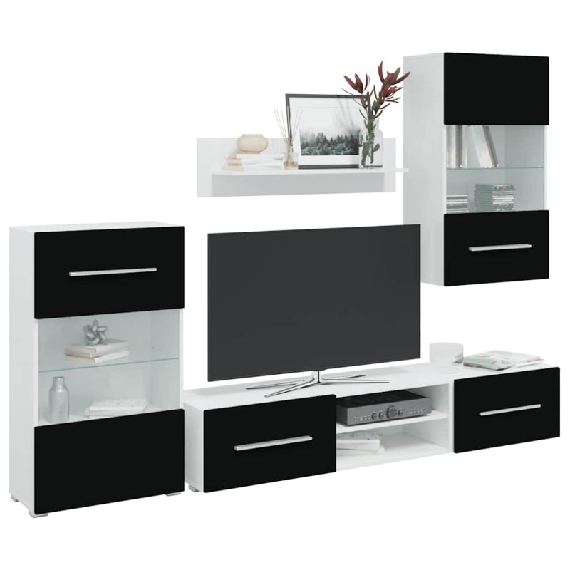 Meuble TV mural 5 pièces avec éclairage LED Noir 