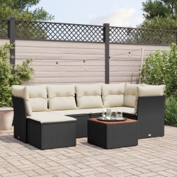 Salon de jardin 7 pcs avec coussins noir résine tressée 