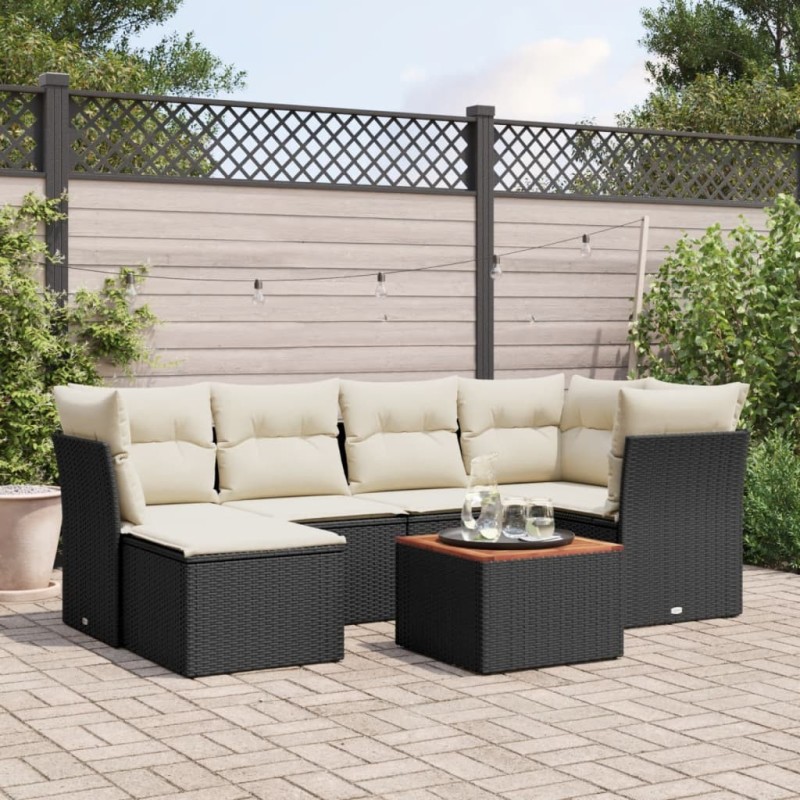 Salon de jardin 7 pcs avec coussins noir résine tressée 