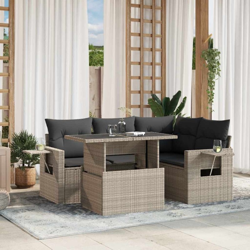 Salon de jardin 5 pcs avec coussins gris clair résine tressée 