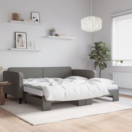 Lit de jour avec gigogne et matelas gris foncé 100x200 cm tissu 