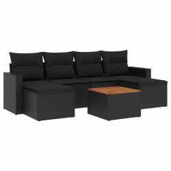 Salon de jardin 7 pcs avec coussins noir résine tressée 