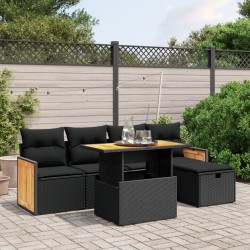 Salon de jardin 6 pcs avec coussins noir résine tressée 