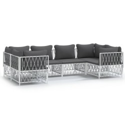 Salon de jardin avec coussins 6 pcs blanc acier 