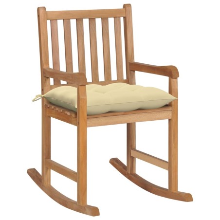 Chaise à bascule avec coussin blanc crème Bois de teck solide 