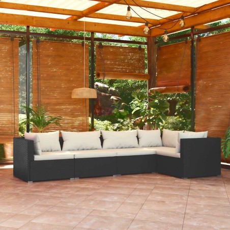 Salon de jardin 5 pcs avec coussins Résine tressée Noir 
