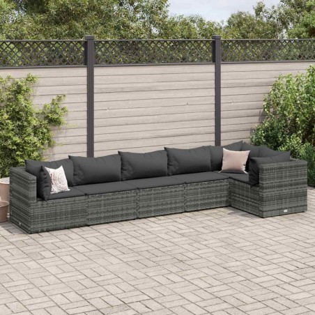 Salon de jardin 6 pcs avec coussins Gris Résine tressée 