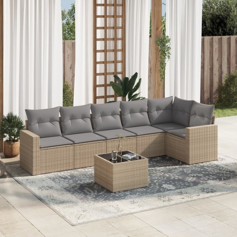Salon de jardin avec coussins 7 pcs beige résine tressée 