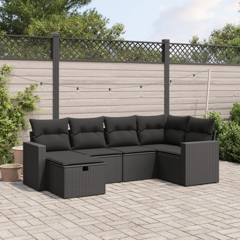 Salon de jardin 6 pcs avec coussins noir résine tressée 
