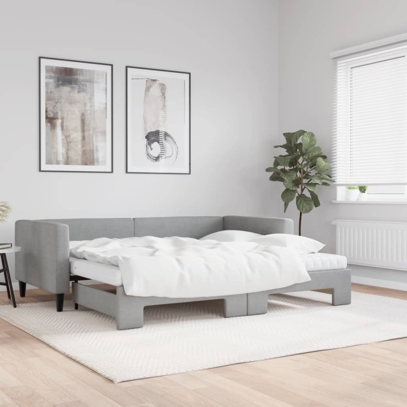 Lit de jour avec gigogne et matelas gris clair 90x200 cm tissu 